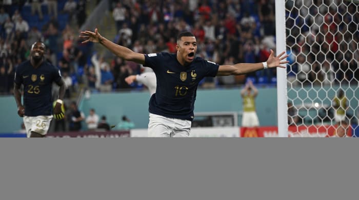 France’s Kylian Mbappe celebrates a goal vs. Denmark.